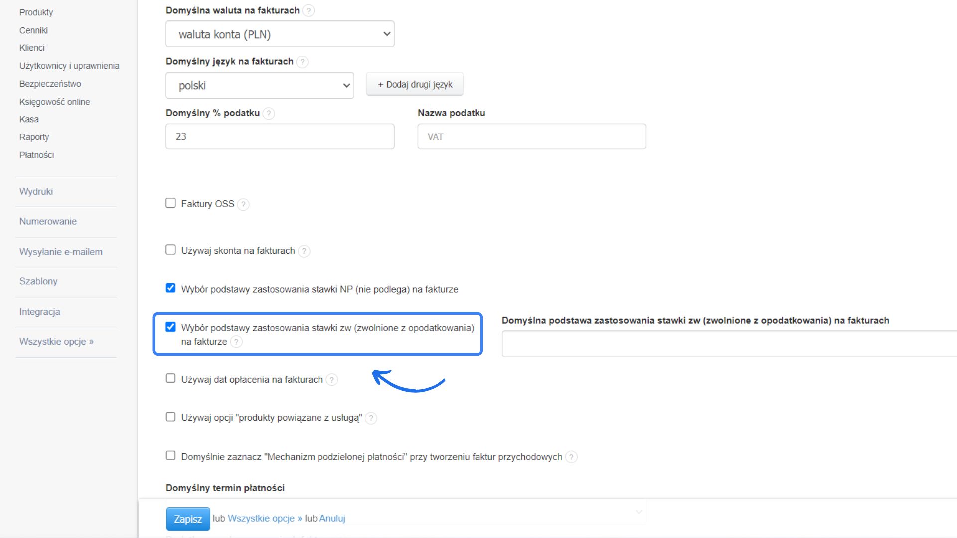 powód zwolnienia stawka zw