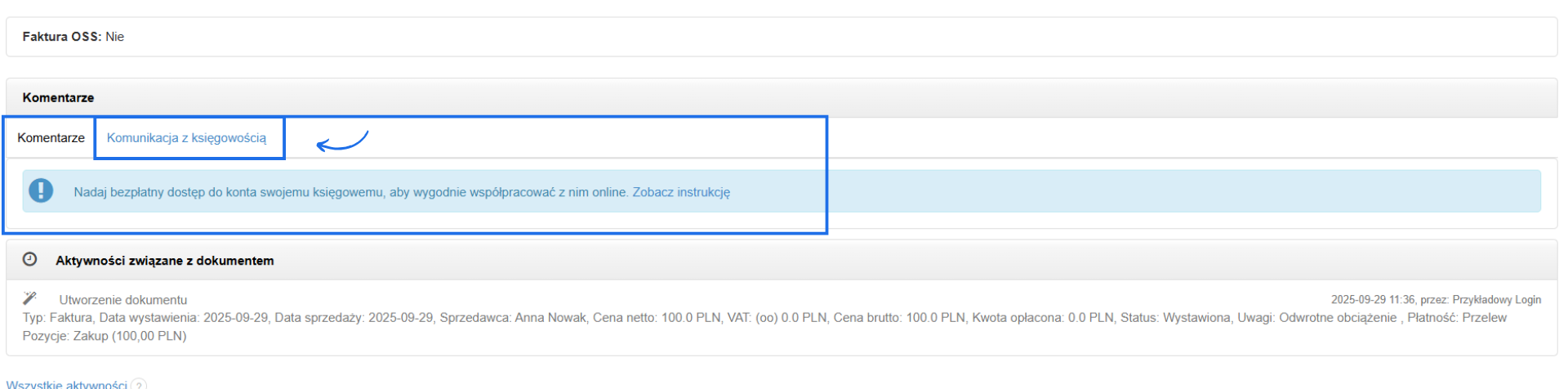 Komunikat systemowy widoczny w podglądzie wydatku w sekcji komentarzy i komunikacja z księgowością, który wskazuje, że na koncie nie ma użytkownika z rolą Księgowy.