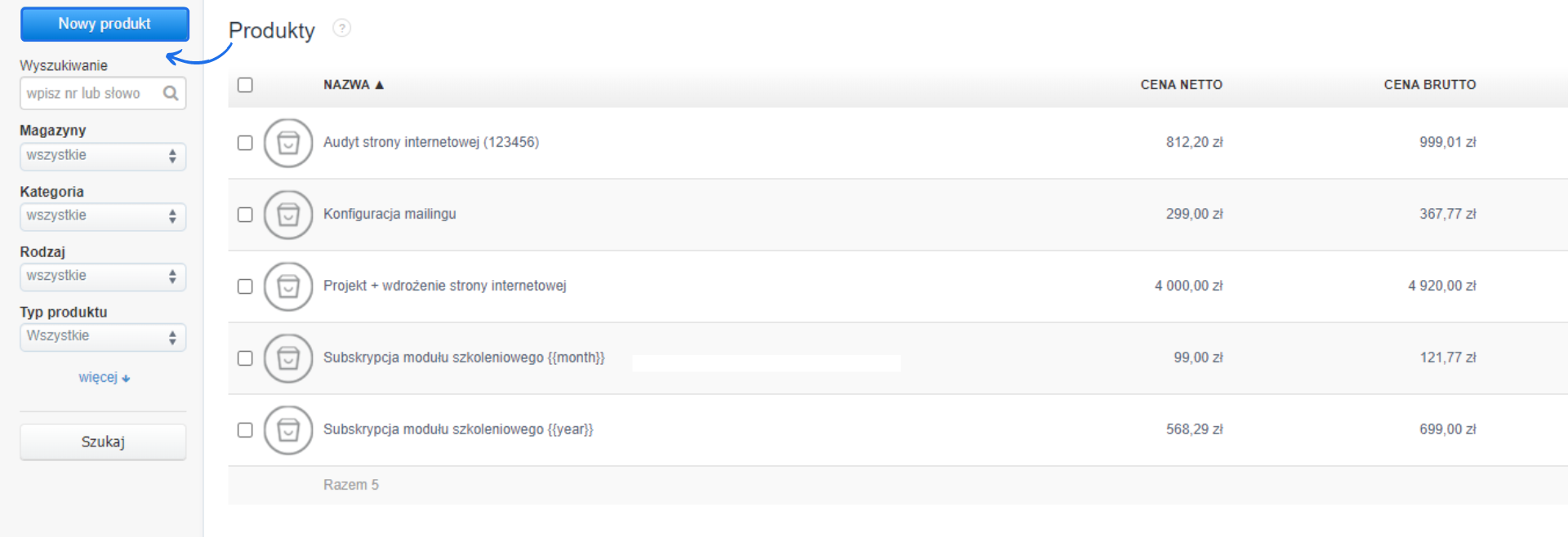 Zrzut ekranu przedstawiający sekcję 'Produkty' w Fakturowni z listą produktów, przyciskiem 'Nowy produkt' oraz opcjami filtrowania po lewej stronie.
