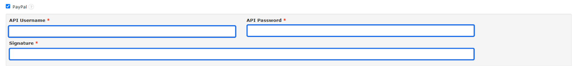Formularz konfiguracji PayPal z polami API Username, API Password i Signature dla płatności online w systemie.