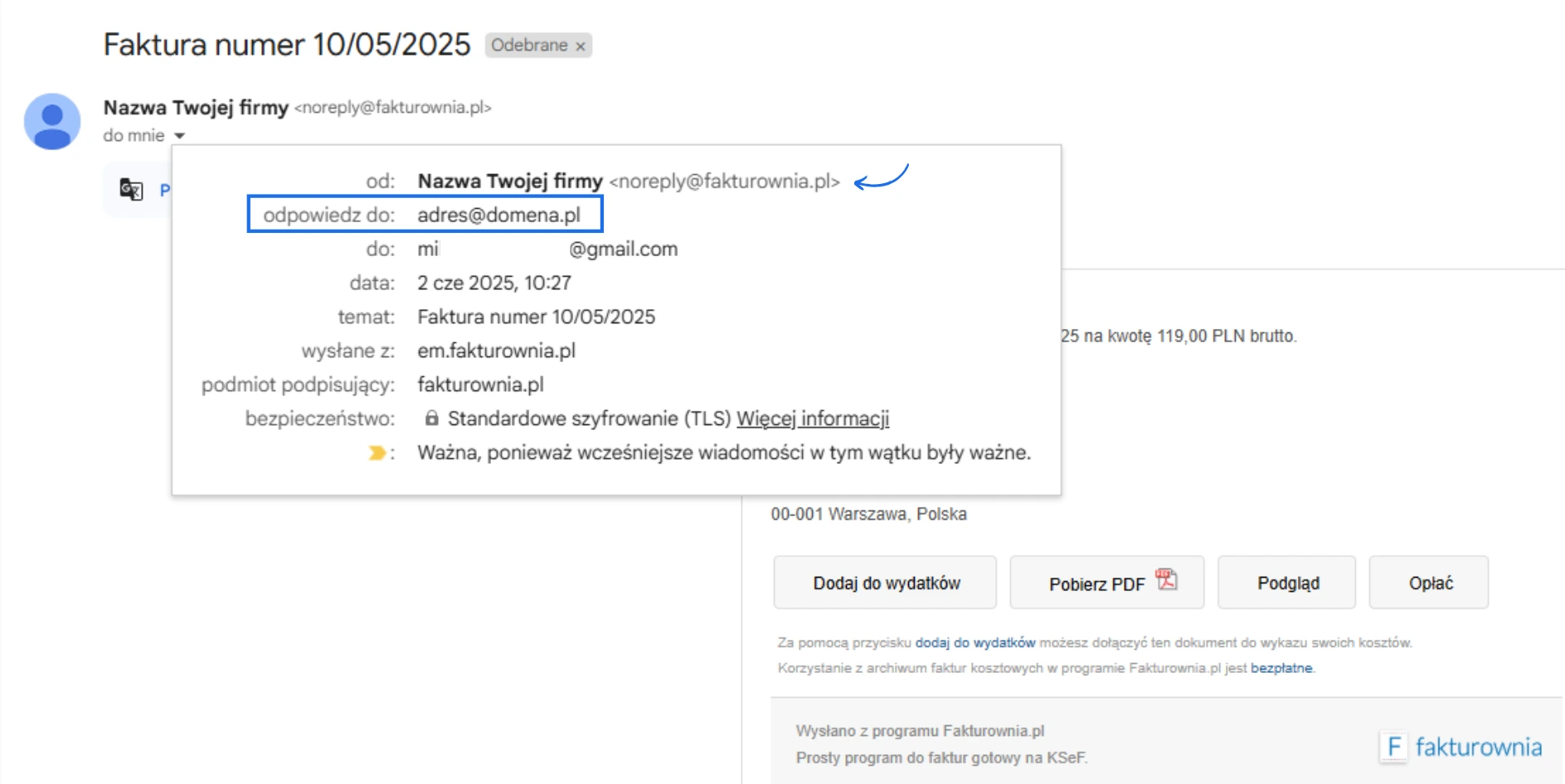 Szczegóły wiadomości e-mail z fakturą numer 10/05/2025, wysłanej z adresu noreply@fakturownia.pl z domyślnym adresem odpowiedzi ustawionym na adres@domena.pl.