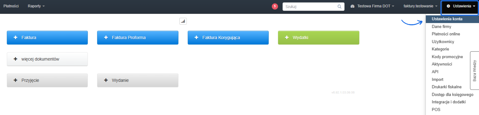 Panel zarządzania dokumentami w systemie księgowym. Widoczne opcje faktur, wydatków, przyjęć i wydań, a także menu 'Ustawienia' z rozwiniętą listą opcji konfiguracyjnych.
