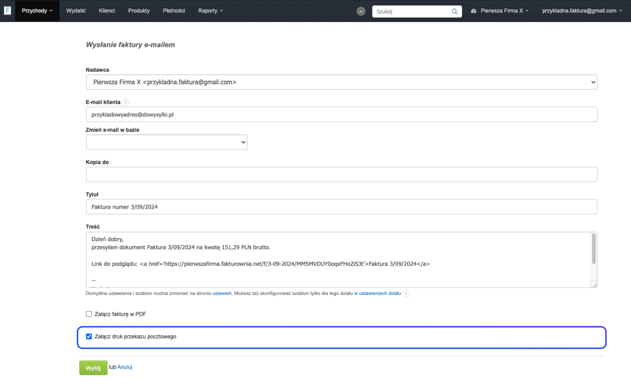 Formularz wysyłania faktury e-mailem z załączonym drukiem przekazu pocztowego do kontrahenta