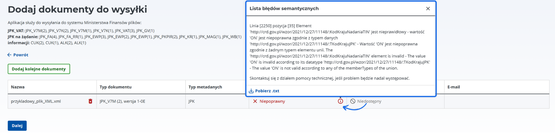 Podgląd błędów semantycznych w pliku JPK_V7M z listą szczegółowych komunikatów o błędach i opcją pobrania pliku .txt oraz dodania kolejnych dokumentów.