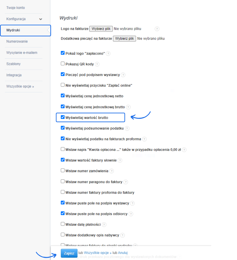 Lista ustawień dotyczących wydruków w tym aktywna opcja 'nie wyświetlaj brutto'.