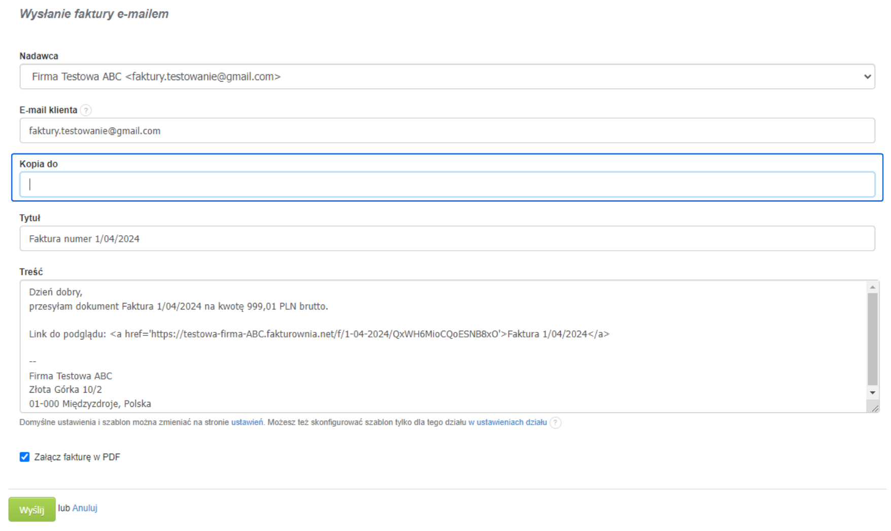 Ekran jednorazowej wysyłki kopii faktury e-mailem z pustym polem 'Kopia do' w interfejsie polskim.