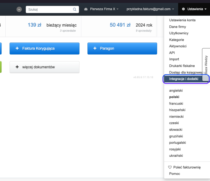 Panel ustawień z widocznymi opcjami fakturowania i integracji w systemie księgowym, zaznaczona sekcja 'Integracje i dodatki'.