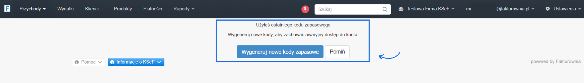 Komunikat o wykorzystaniu wszystkich kodów zapasowych niezbędnych do awaryjnego dostępu do konta.
