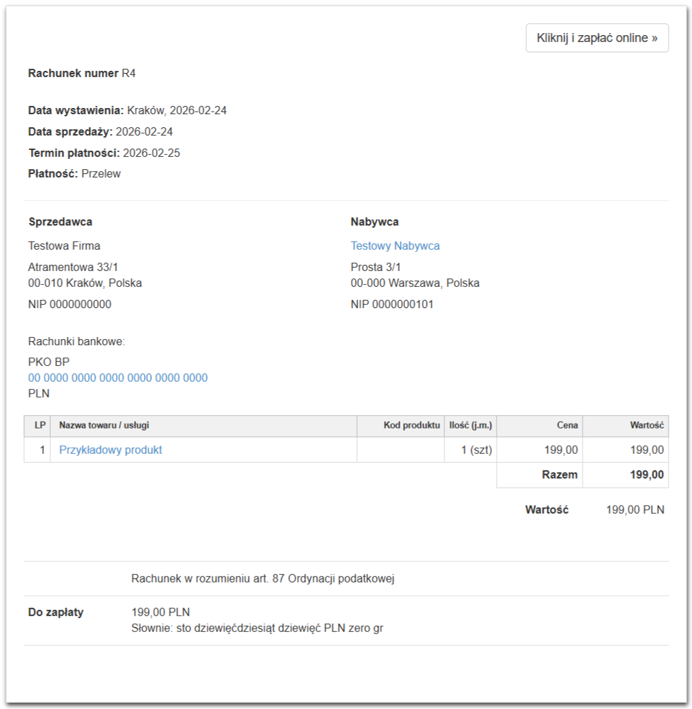 Przykładowy dokument rachunek wygenerowany dla testowych danych w systemie Fakturownia.