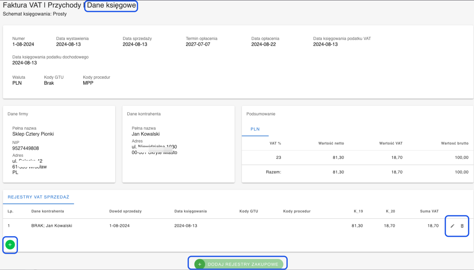 Podgląd faktury VAT z danymi księgowymi, nazwą firmy, kontrahenta, wartością brutto i opcją dodania rejestrów zakupowych.