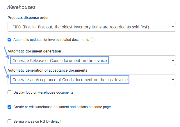 Warehouse documents invoice