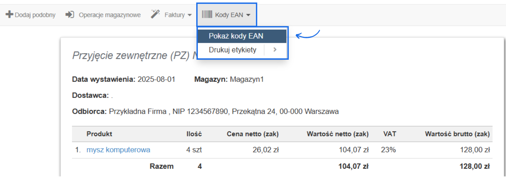 Widok dokumentu magazynowego PZ z możliwością wyświetlenia na dokumencie dodatkowo kodów EAN.