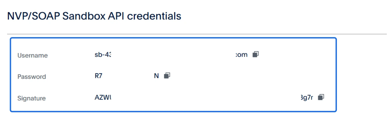 Ekran PayPal Sandbox API z wyświetlonymi danymi uwierzytelniającymi: Username, Password i Signature w sekcji NVP/SOAP.