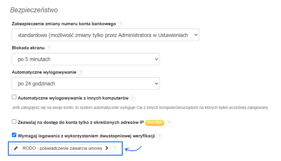 Sekcja ustawień bezpieczeństwa w ustawieniach globalnych konta w Fakturowni z możliwością uzyskania poświadczenia zawarcia umowy i powierzenia przetwarzania danych osobowych.