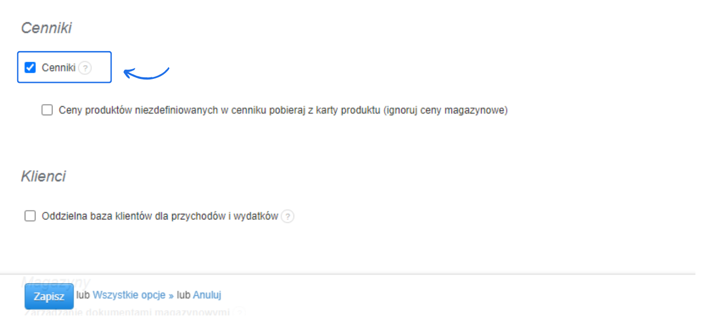 Ustawienia konta w systemie do fakturowania online z aktywną opcją cenników, która pozwala na ustalanie dedykowanych cen produktów dla określonej grupy klientów.