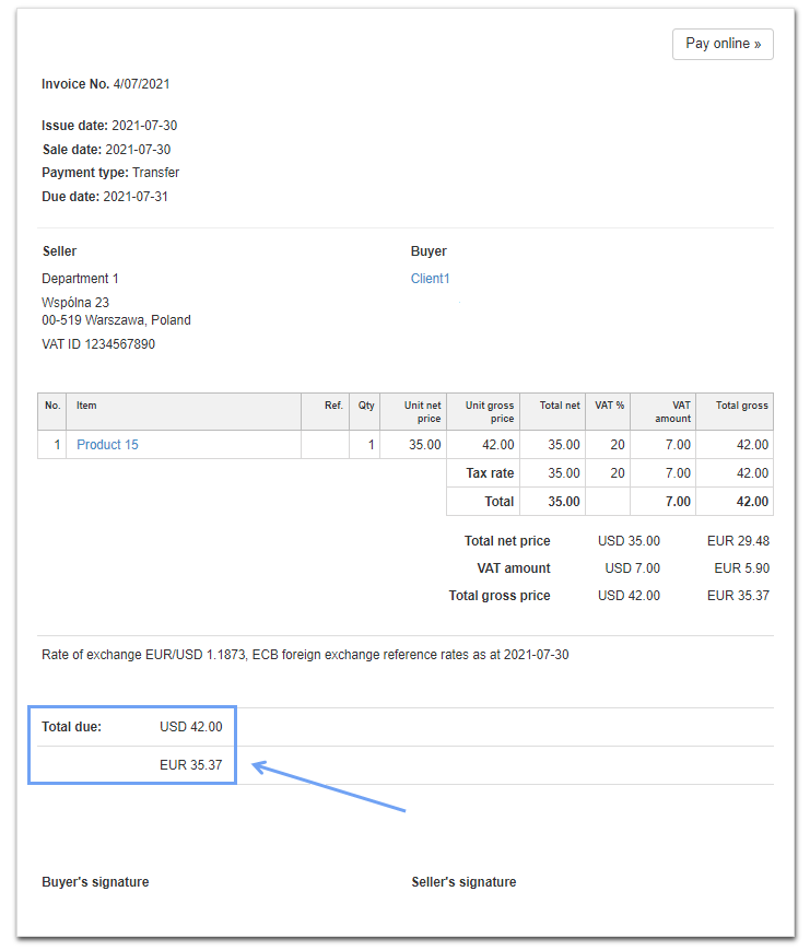 dual currency invoice