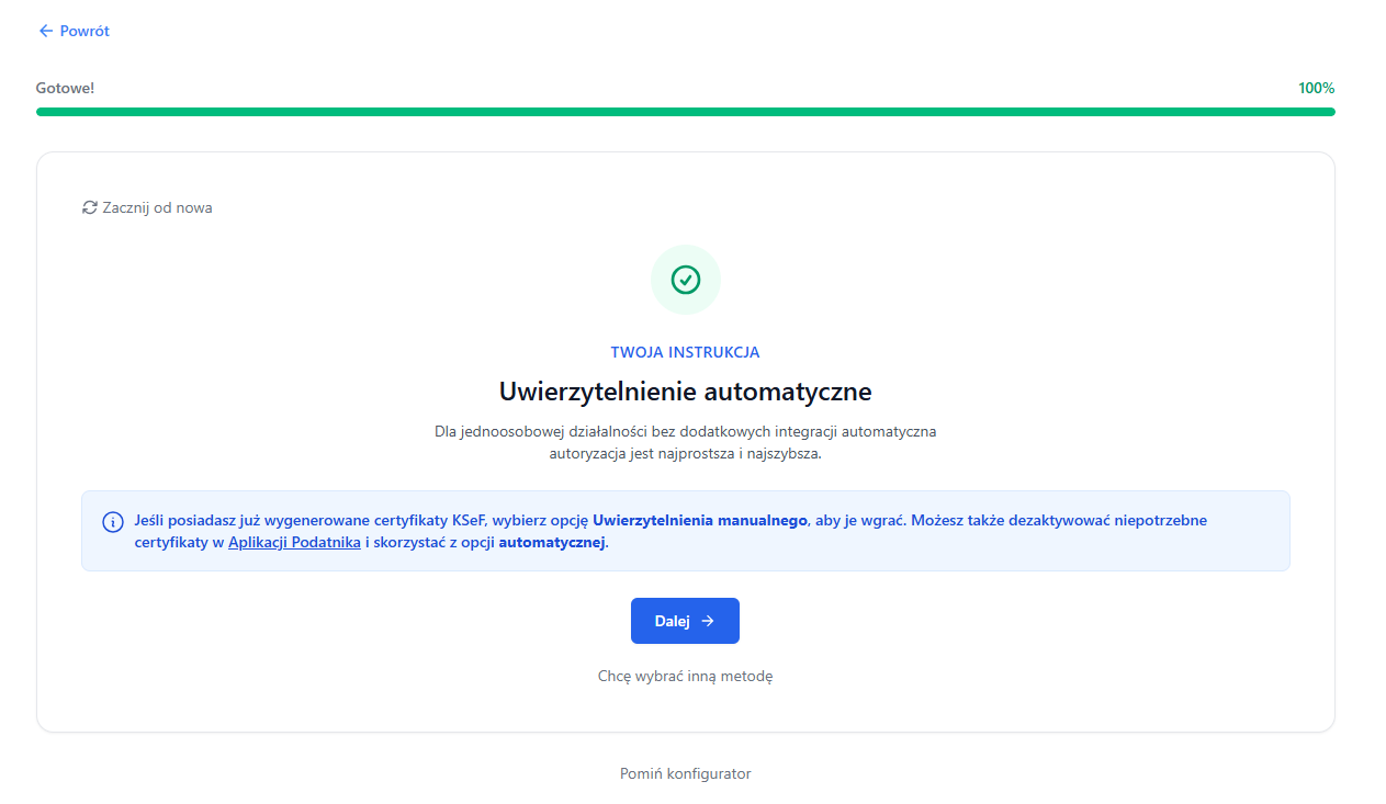 Rekomendacja metody uwierzytelnienia KSeF w Fakturowni z przyciskami Dalej i Chcę wybrać inną metodę.