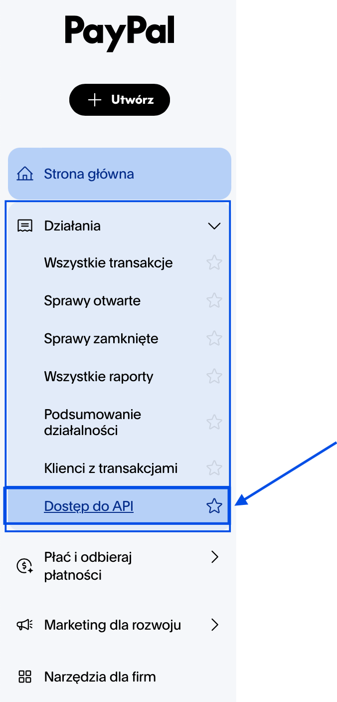 Panel PayPal z opcją dodatkowych ustawień w tym dostępu do API.