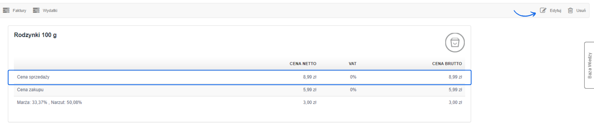 Zrzut ekranu przedstawiający szczegóły ceny sprzedaży i zakupu dla produktu 'Rodzynki 100 g', w tym stawkę VAT 0% oraz marżę 33,37%.
