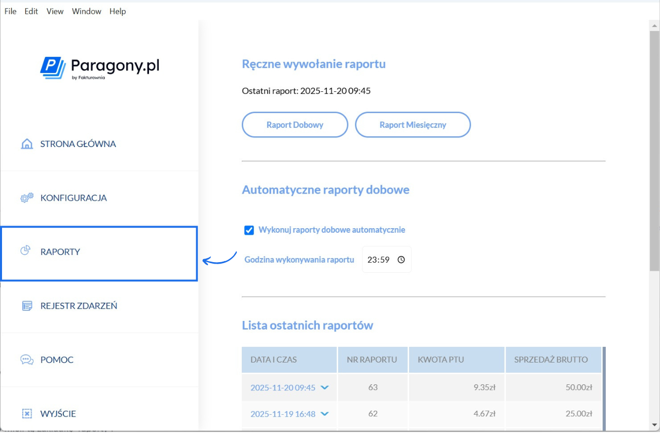 Aplikacja modułu Paragony.pl do fiskalizacji sprzedaży paragonowej z aktywną zakładką raporty.
