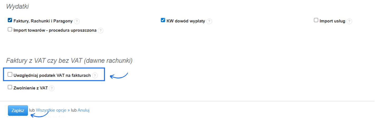 Ustawienia w systemie Fakturownia z nieaktywną opcją uwzględniania podatku VAT na fakturach.