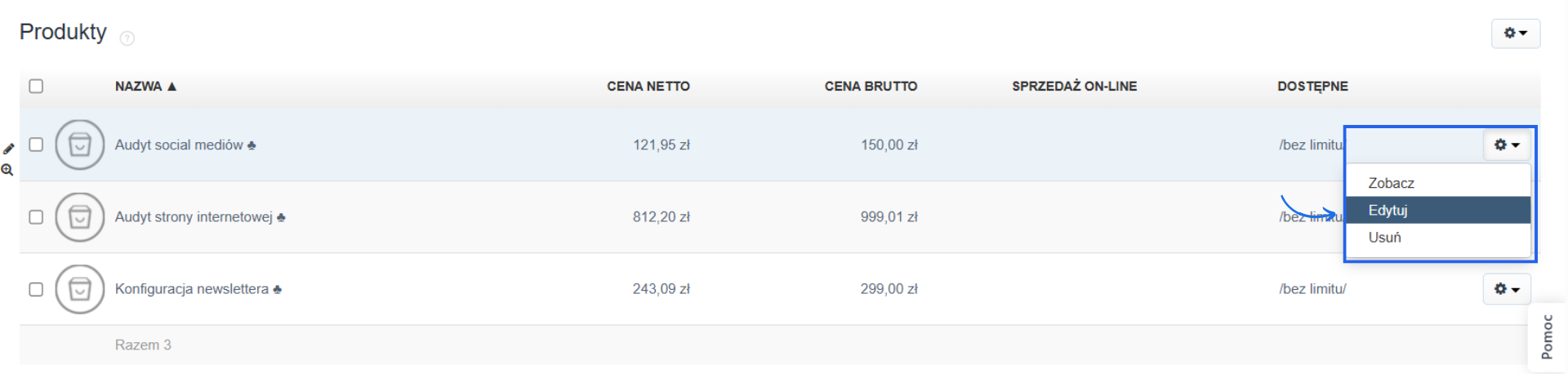 Lista produktów oznaczonych jako usługi z opcją edycji.