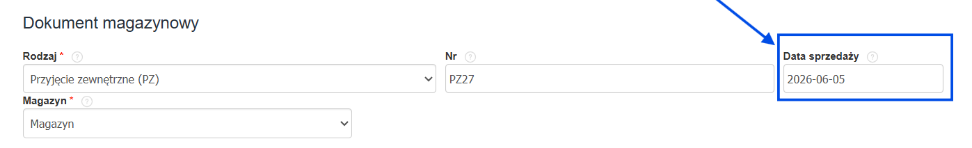 Formularz tworzenia dokumentu magazynowego PZ z numerem, przypisanym magazynem i polem daty sprzedaży.