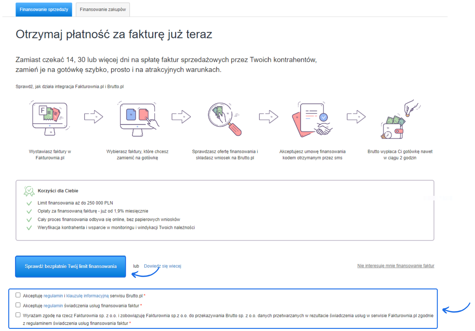 Proces uzyskania płatności za fakturę przez integrację z Brutto.pl, od wystawienia faktury po szybkie otrzymanie gotówki.