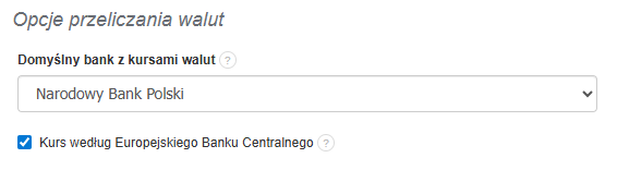 Opcje przeliczania walut na fakturze z domyślnym kursem NBP i zaznaczoną opcją EBC.