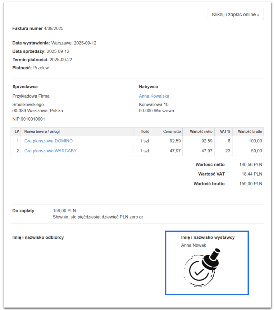 Przykładowa faktura z systemu Fakturownia ze sprzedażą gier planszowych i pieczęcią widoczną pod danymi wystawcy.