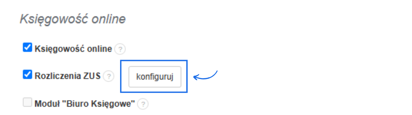 Widok ustawień konta w systemie Fakturownia z dedykowaną sekcją dotyczącą księgowości online, która dotyczy rozliczeń ZUS i PIT.
