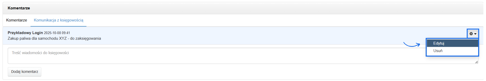Akcje dostępne do wykonania po dodaniu komentarza do faktury kosztowej w tym edycja i usunięcie komentarza.