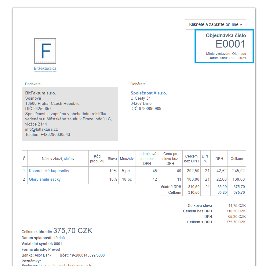 Zalohova faktura pro objednavku