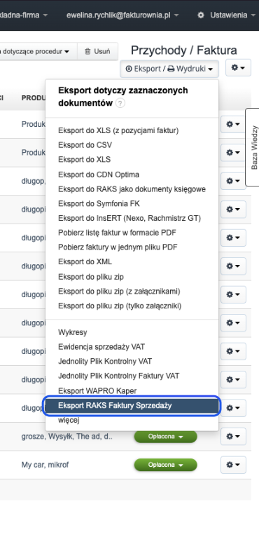 Opcje eksportu dokumentów w Fakturowni z zaznaczoną opcją Eksport RAKS Faktury Sprzedaży