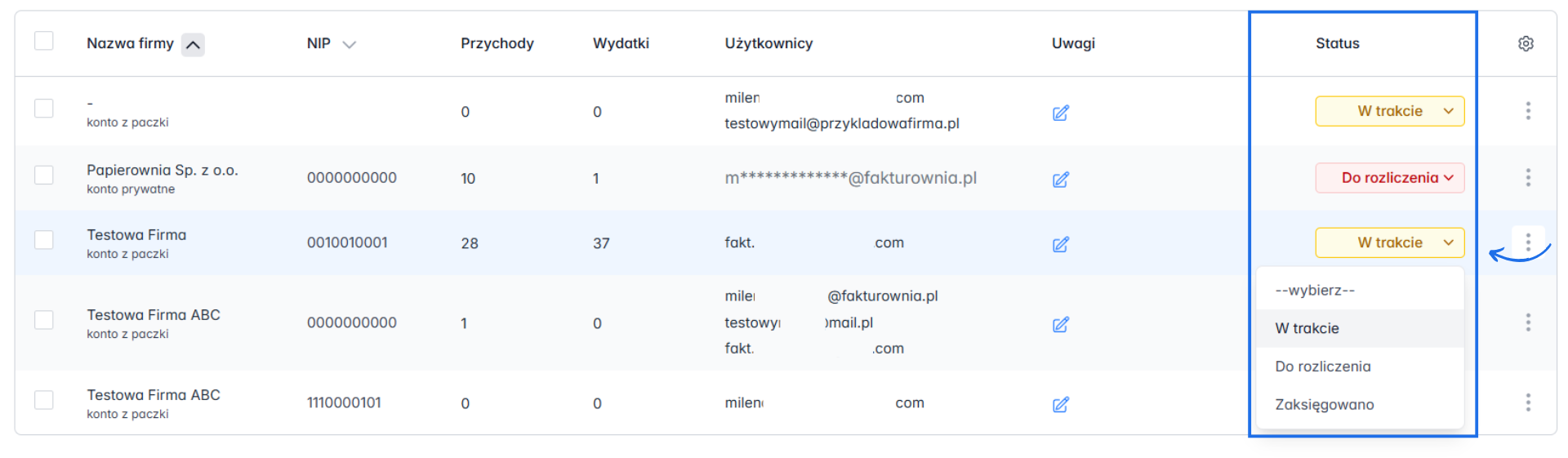 Lista firm obsługiwanych w ramach panelu dla księgowego z możliwością określenia statusu rozliczeń wybranej firmy: do rozliczenia, w trakcie, zaksięgowano.