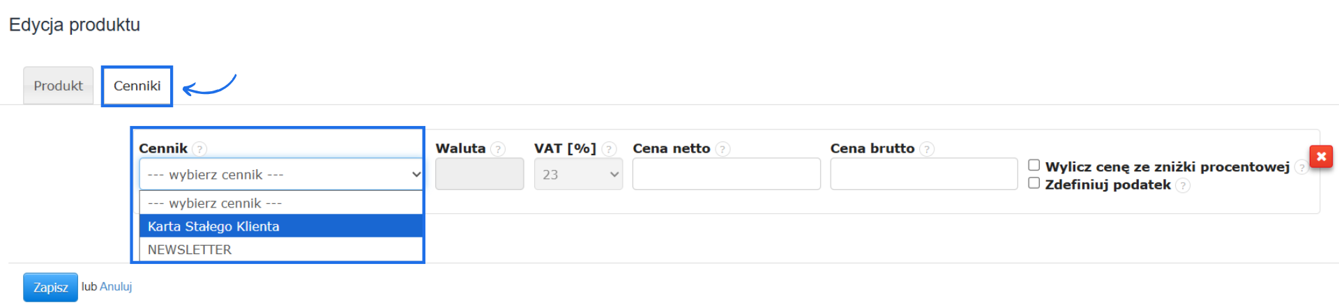 Formularz edycji produktu z aktywną zakładką cenniki i opcją wyboru cennika.