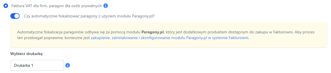 Opcja automatycznej fiskalizacji paragonów w Fakturowni z użyciem Fiskatora. Włączony przełącznik i wybrana drukarka ‘Drukarka 1’.
