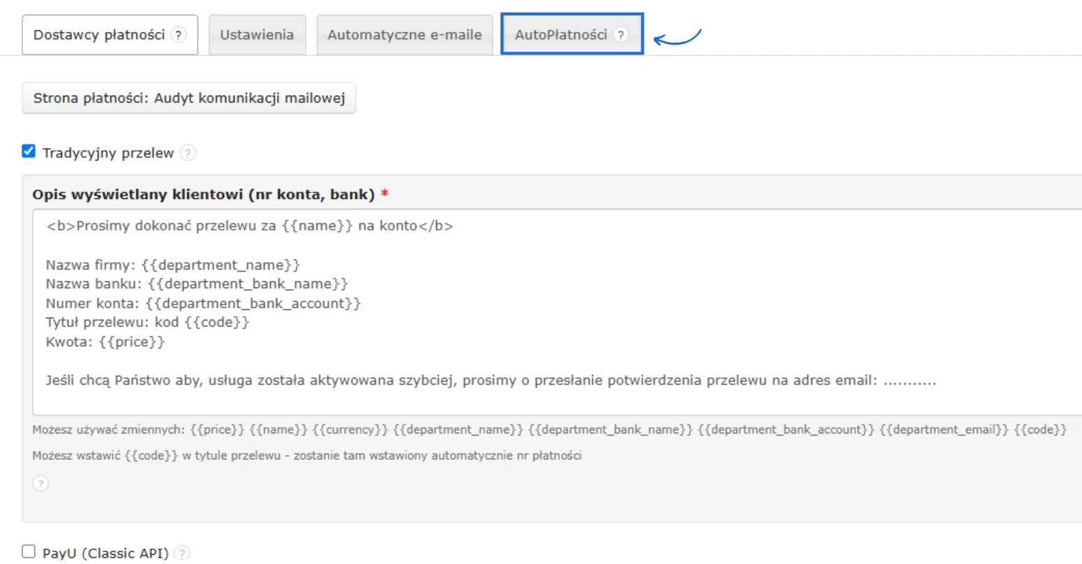 Zakładka „AutoPłatności” z ustawieniem tradycyjnego przelewu i szablonem danych konta bankowego dla klientów.
