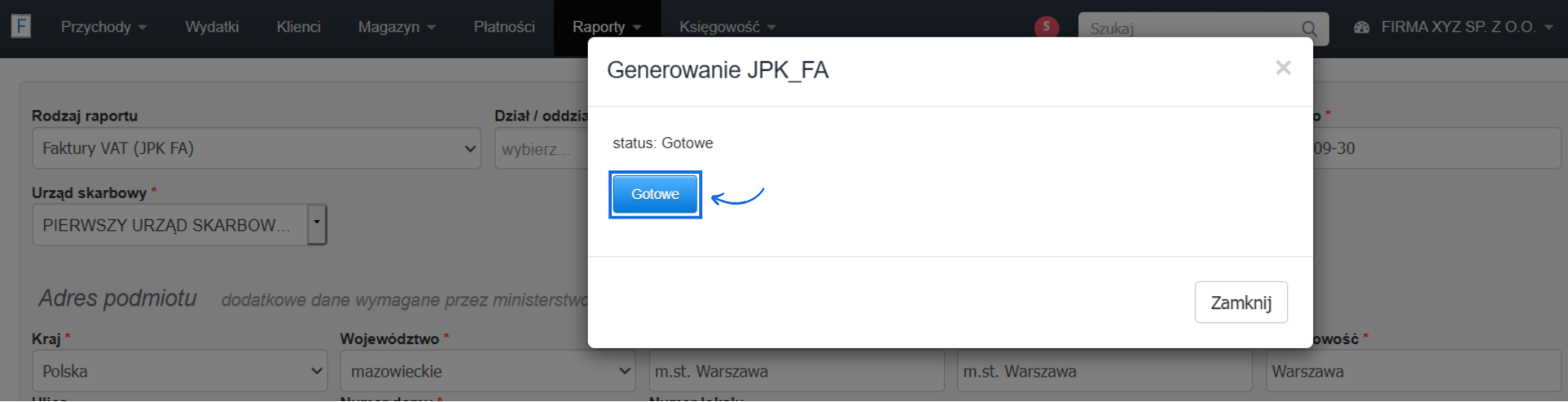 Komunikat systemowy w Fakturowni wskazujący na poprawne przetworzenie danych po wygenerowaniu raportu JPK_FA z przyciskiem gotowe, który wyświetli utworzony raport.