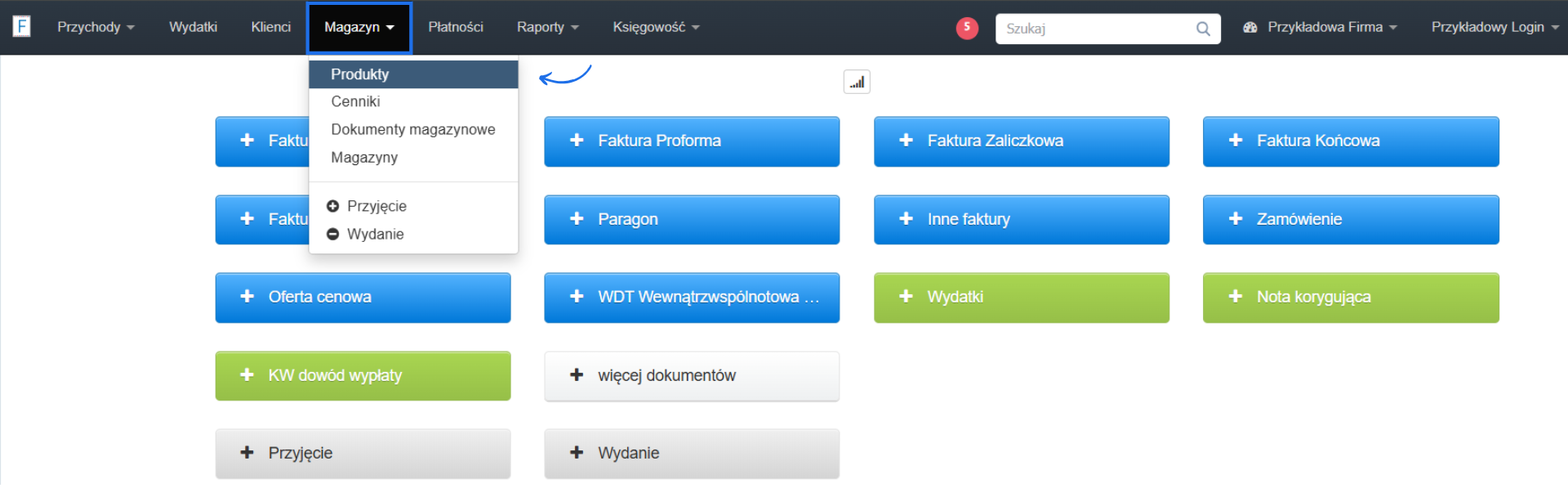 Strona główna konta w systemie do fakturowania online z przyciskami do tworzenia dokumentów oraz aktywną zakładką magazynu.