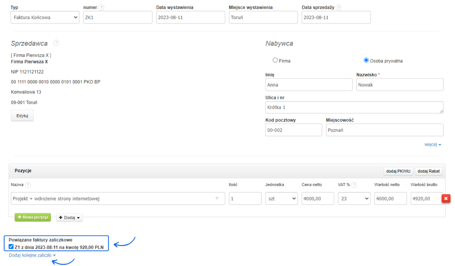 Widok edycji faktury końcowej w programie księgowym z zaznaczoną powiązaną fakturą zaliczkową dostępną w ramach konta w Fakturowni.