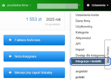 Panel użytkownika Fakturowni z otwartym menu ustawień – podświetlona opcja ‘Integracje i dodatki’