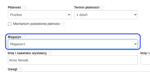Wybór magazynu 'Magazyn1' w sekcji Magazyn podczas wystawiania faktury w systemie Fakturownia