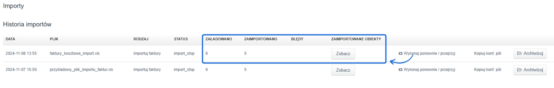 Historia importów faktur z datą, nazwą pliku, statusem, liczbą załadowanych i zaimportowanych pozycji oraz błędami i opcją ponownego wykonania.