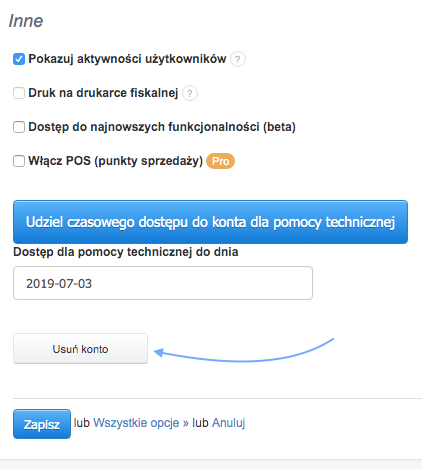 Ustawienia konta z opcją aktywności użytkowników, drukarki fiskalnej i przyciskiem 'Usuń konto'.
