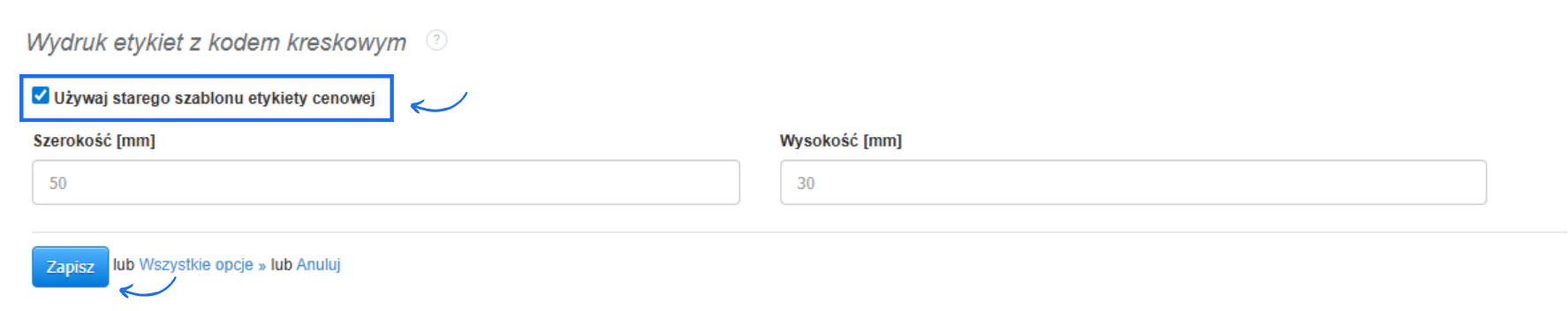 Ustawienia konta w systemie do fakturowania online z możliwością aktywacji starego szablonu etykiet cenowych w ustawieniach wydruków.