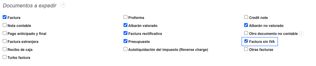 documentos a expedir factura sin iva