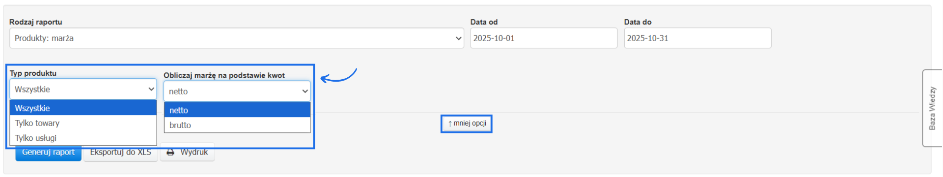 Dodatkowe parametry raportu produkty: marża z możliwością wybrania typu produktu uwzględnionego w raporcie oraz kwoty, po której system ma liczyć marżę.