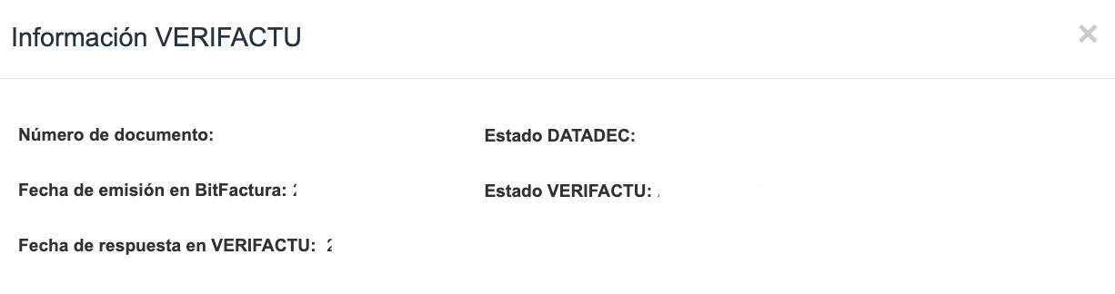 Panel de detalles del estado VERIFACTU con número de documento, fecha de emisión y estados DATADEC y VERIFACTU