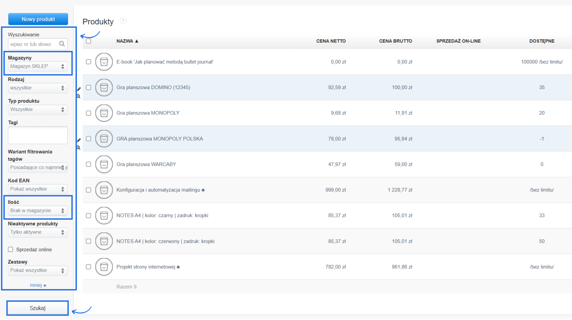 Panel filtrujący na liście produktów w systemie Fakturownia z wybranym magazynem oraz filtrem wskazującym na brak produktu w magazynie.